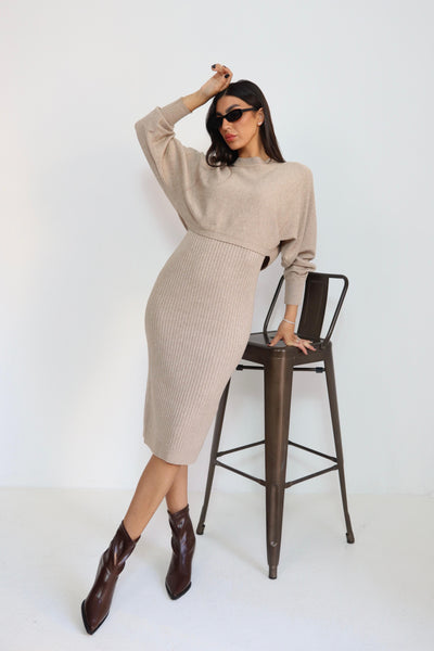 סט שמלה גופיה + חולצה קצרה בד סריג