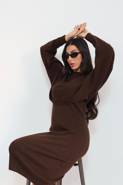 סט שמלה גופיה + חולצה קצרה בד סריג