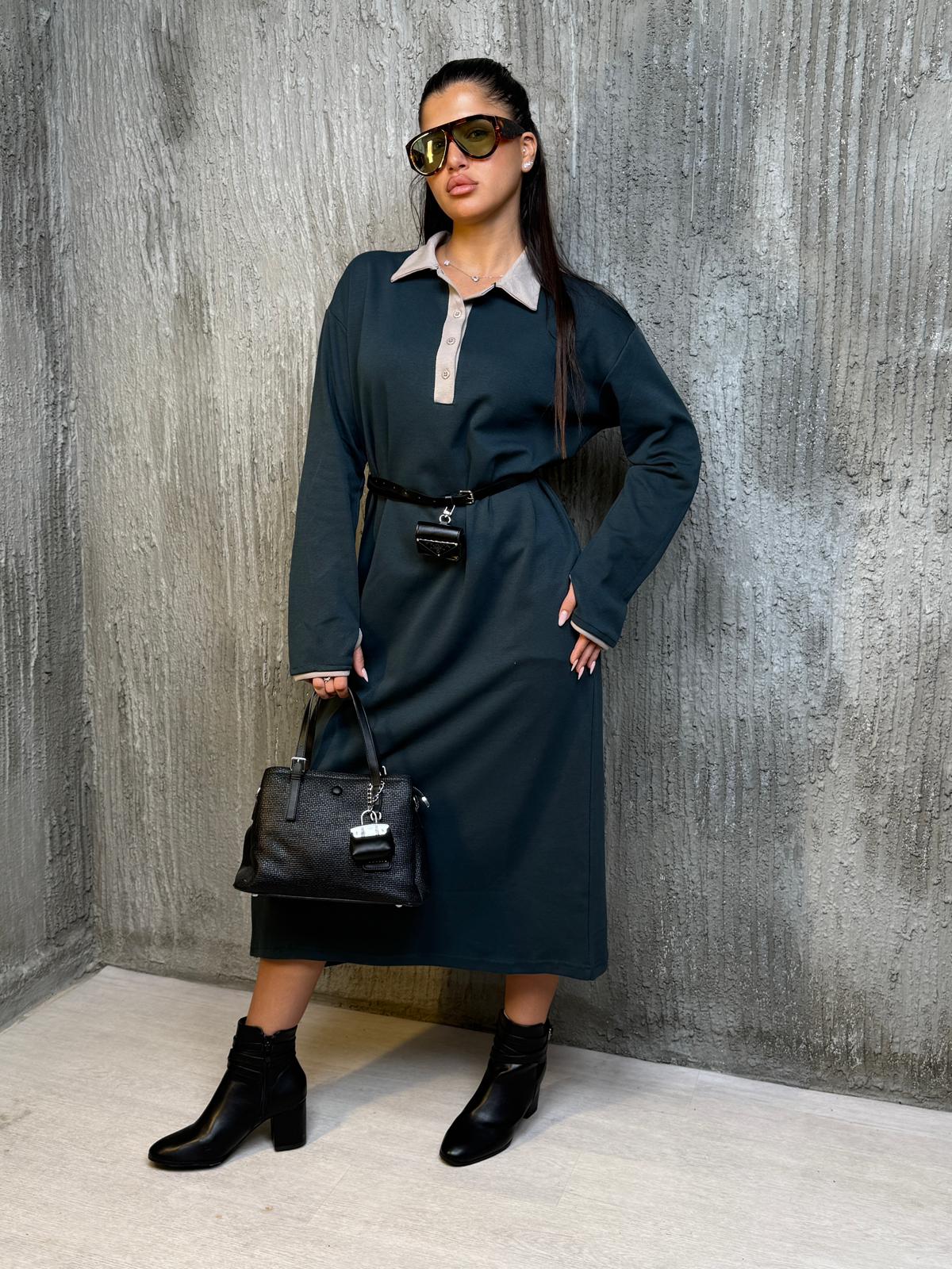 שמלה צווארון כפתורים עם שילוב כפפה