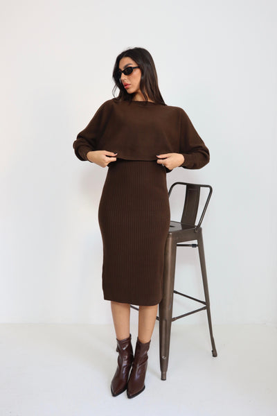 סט שמלה גופיה + חולצה קצרה בד סריג