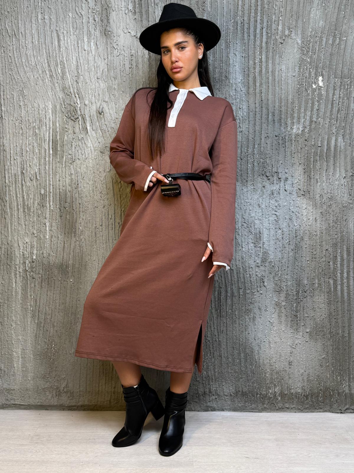 שמלה צווארון כפתורים עם שילוב כפפה