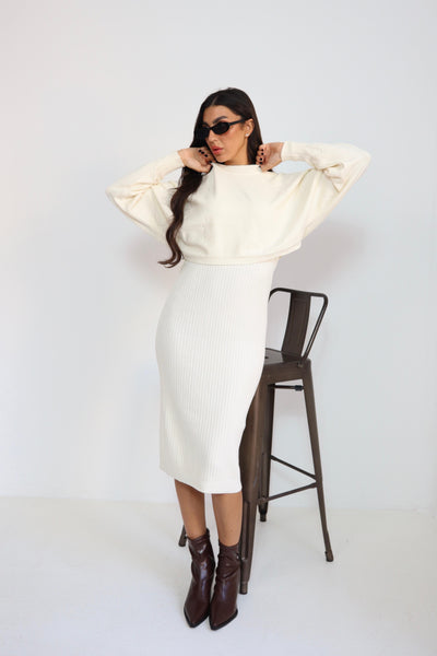 סט שמלה גופיה + חולצה קצרה בד סריג