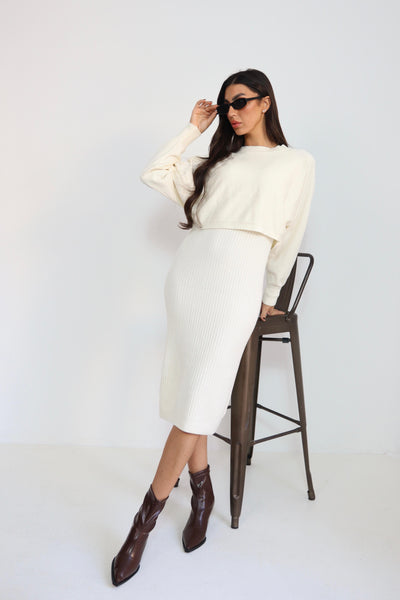 סט שמלה גופיה + חולצה קצרה בד סריג